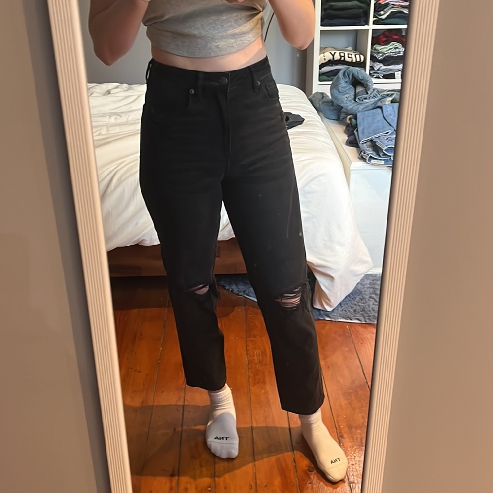 American Eagle black high rise ripped mom straight jeans